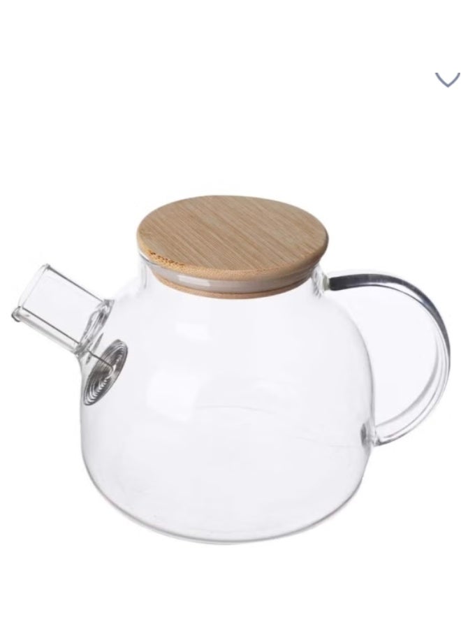 إبريق شاي زجاجي مقاوم للحرارة بسعة 1 لتر مع غطاء خشبي ومصفاة زجاج بوروسيليكات - Image 1